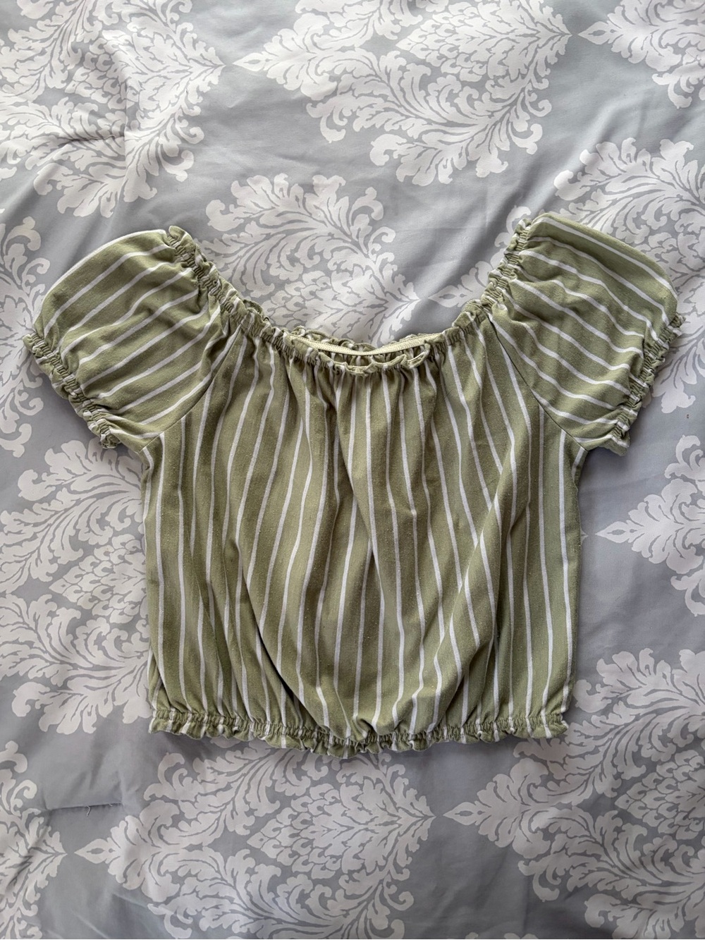 American Eagle Outfitters Sage Green Striped Off-Shoulder Crop Top